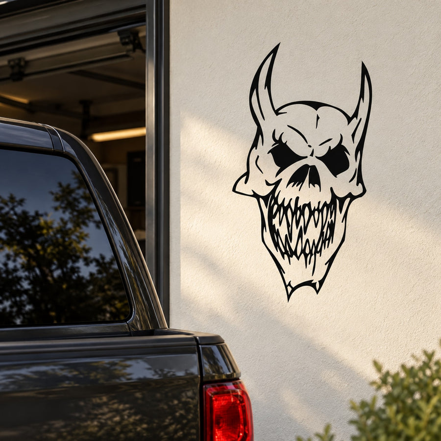 Skull wall vinyl decal with black devilish skull face