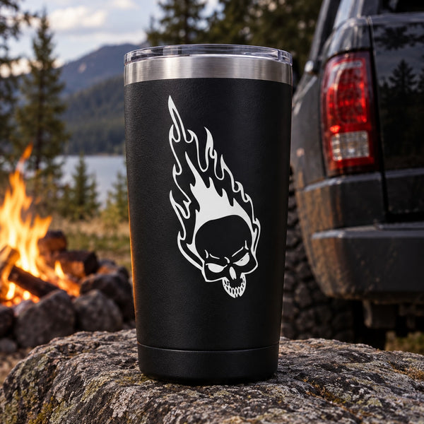 Skull flame vinyl decal on black tumbler cup
