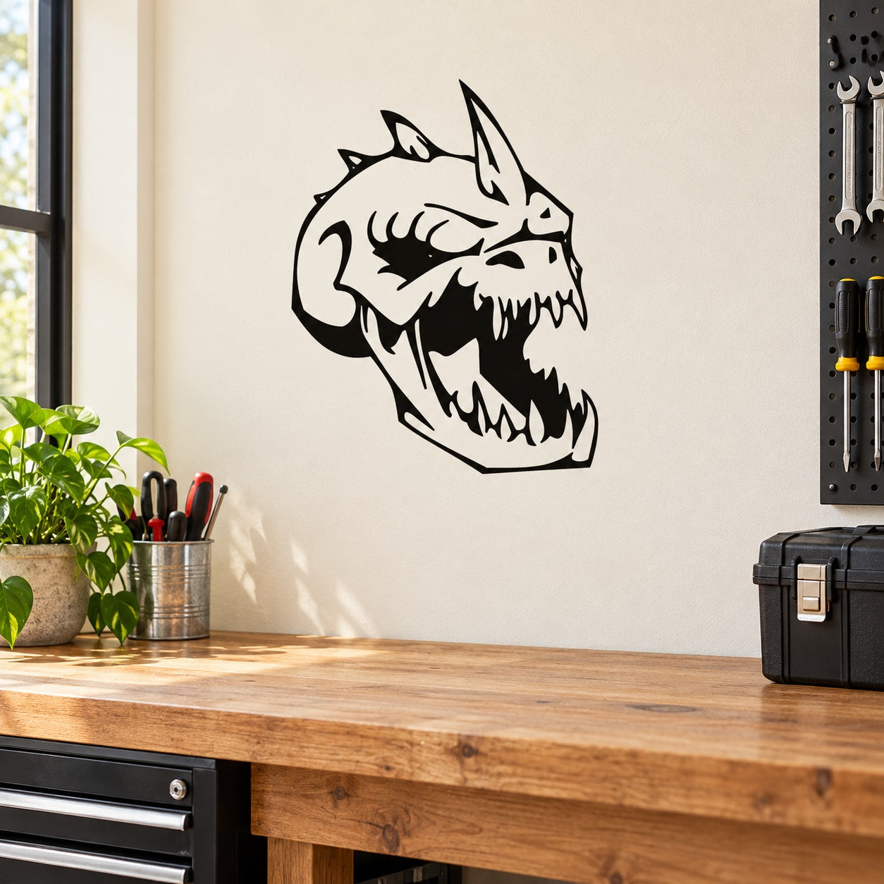 Black skull vinyl wall decal with sharp teeth and spiked horn design