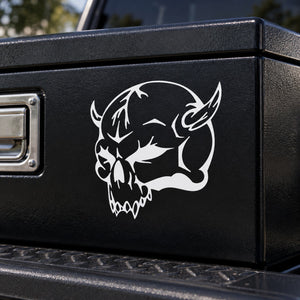 Black vinyl skull wall decal with stylized cartoon demon face graphic