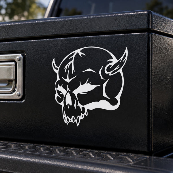 Black vinyl skull wall decal with stylized cartoon demon face graphic