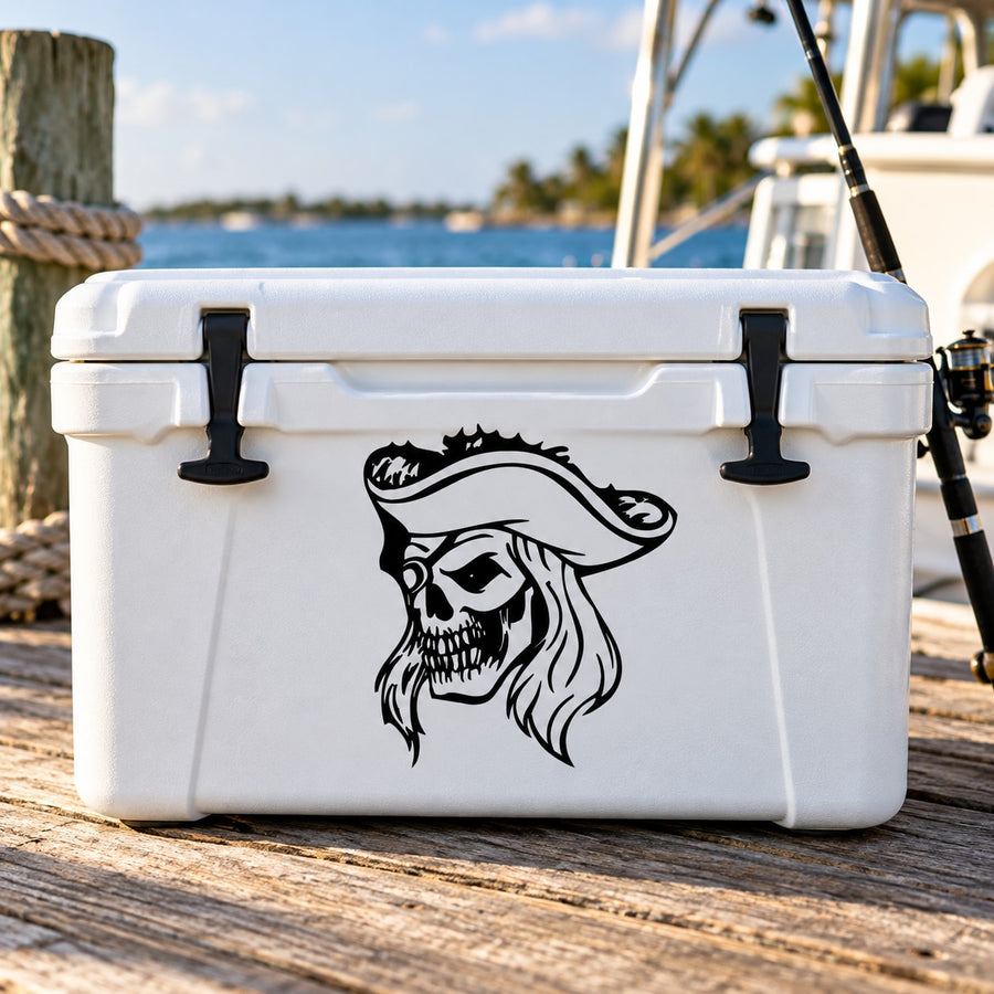 Pirate captain skull decal, black pirate head graphic on a white cooler