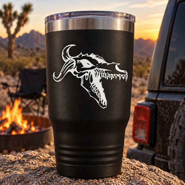 Skull vinyl decal with white snarling skull and dagger on black tumbler cup