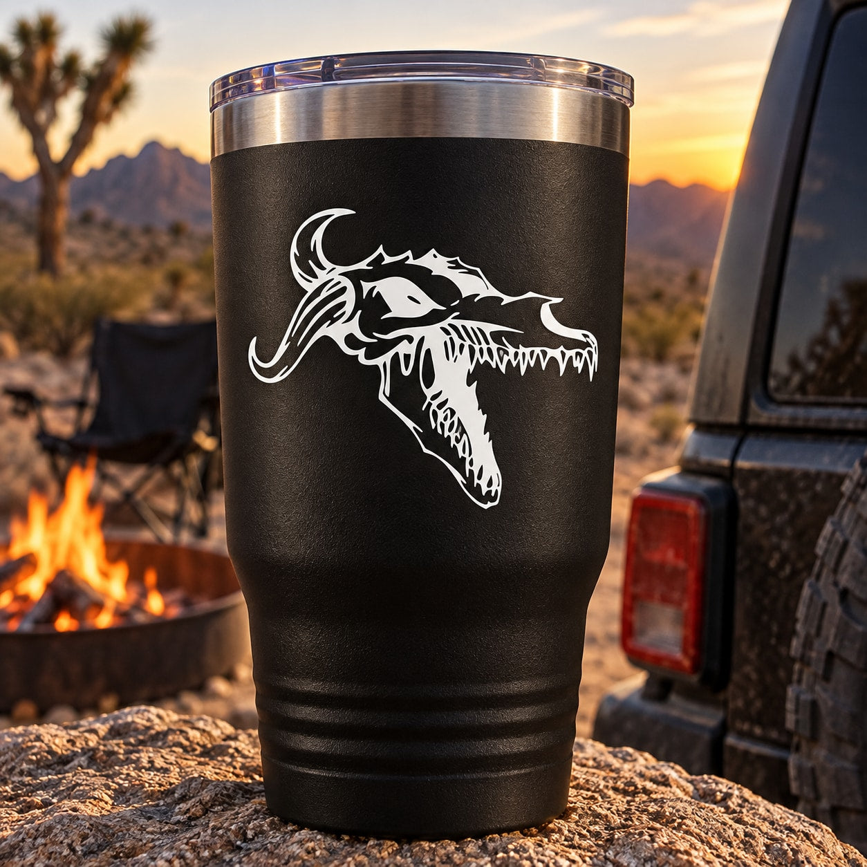 Skull vinyl decal with white snarling skull and dagger on black tumbler cup