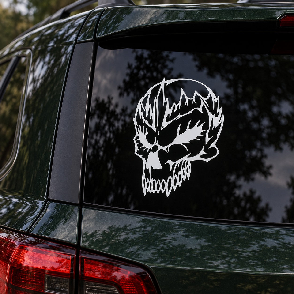 White skull vinyl decal on a car window