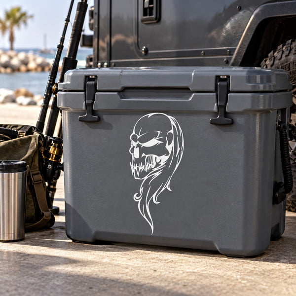 White skull vinyl wall decal with stylized face and hair, sticker-style graphic