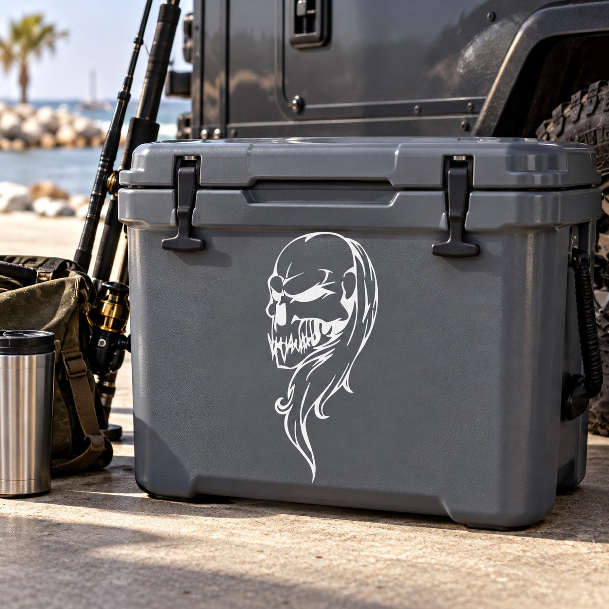 White skull vinyl wall decal with stylized face and hair, sticker-style graphic