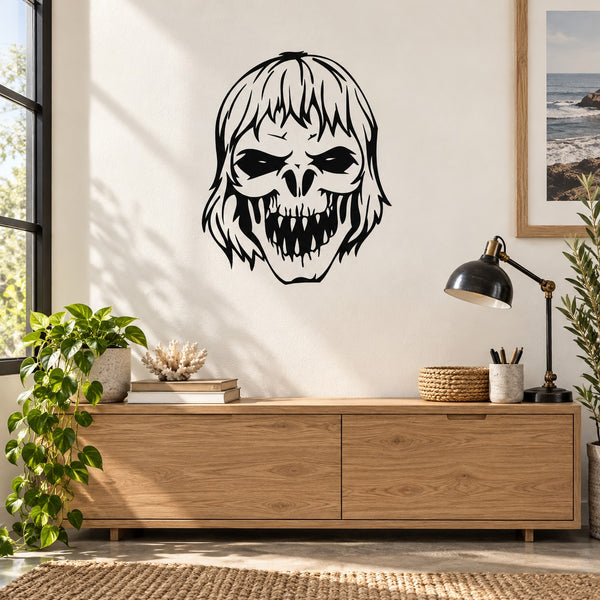 Skull face vinyl wall decal with bold black-and-white illustration