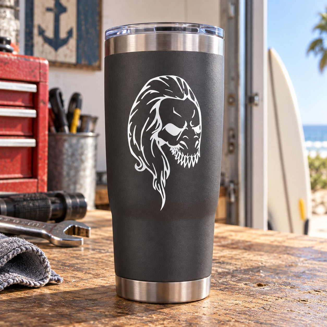 Black vinyl skull decal with white roaring skull face design