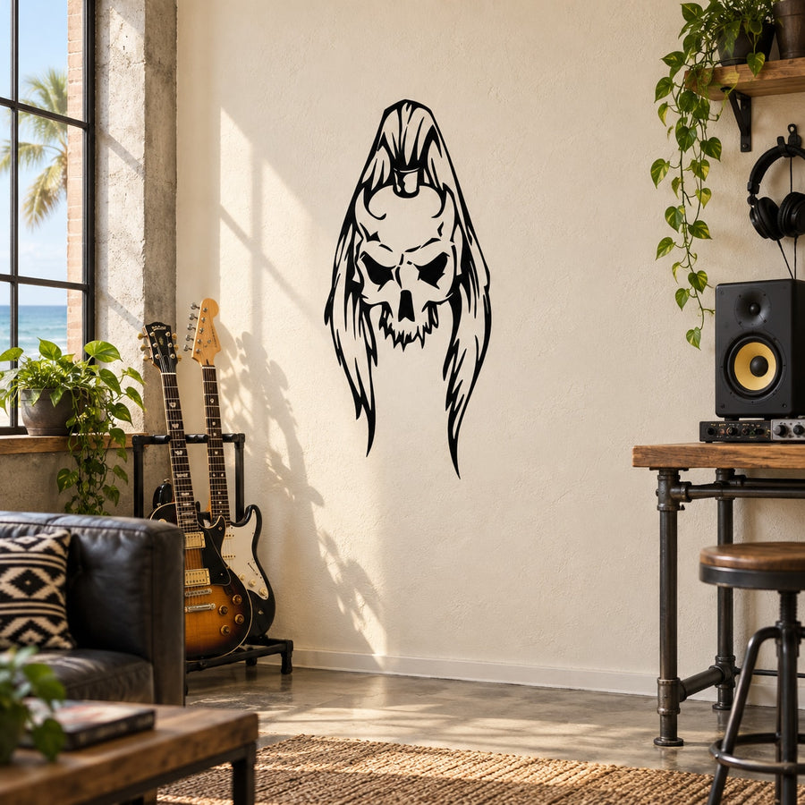 Vinyl wall decal of hooded skull with long hair, black design