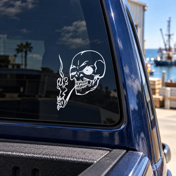 White skull vinyl wall decal with flame and skull hand graphic on window