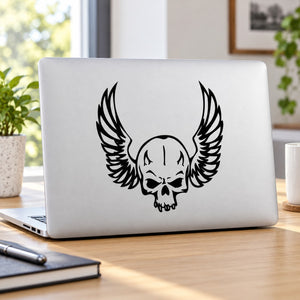 Skull wall decal vinyl sticker with black winged skull on white surface