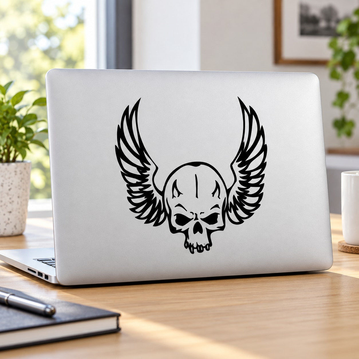Skull wall decal vinyl sticker with black winged skull on white surface