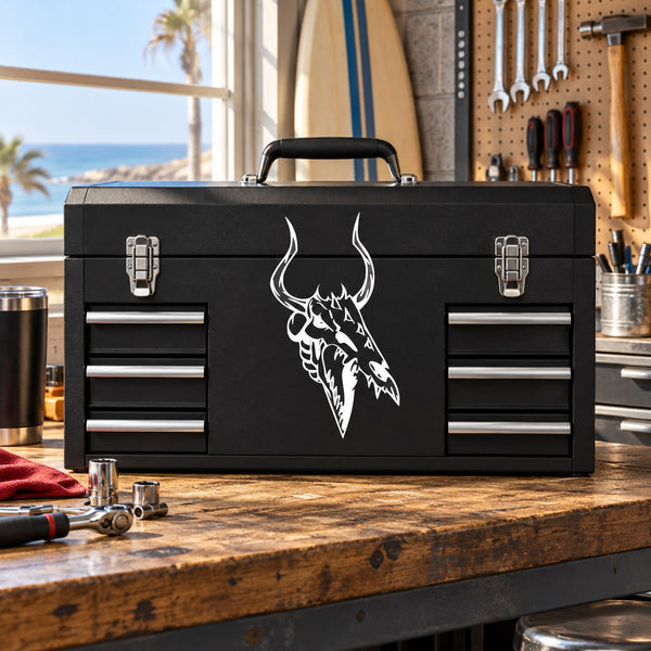 Skull vinyl wall decal with white horned skull graphic on dark background