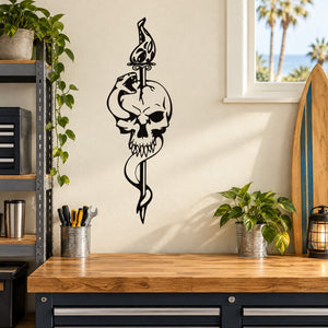 Black skull wall vinyl decal with flame-topped spear design
