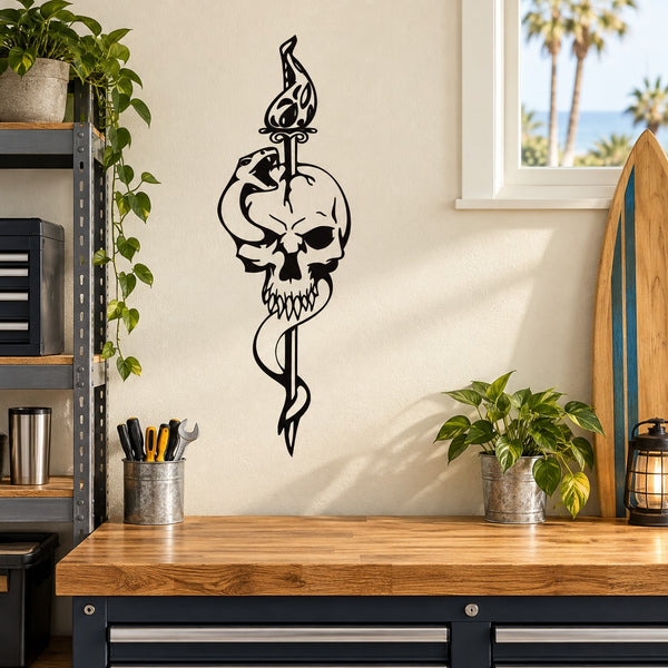 Black skull wall vinyl decal with flame-topped spear design