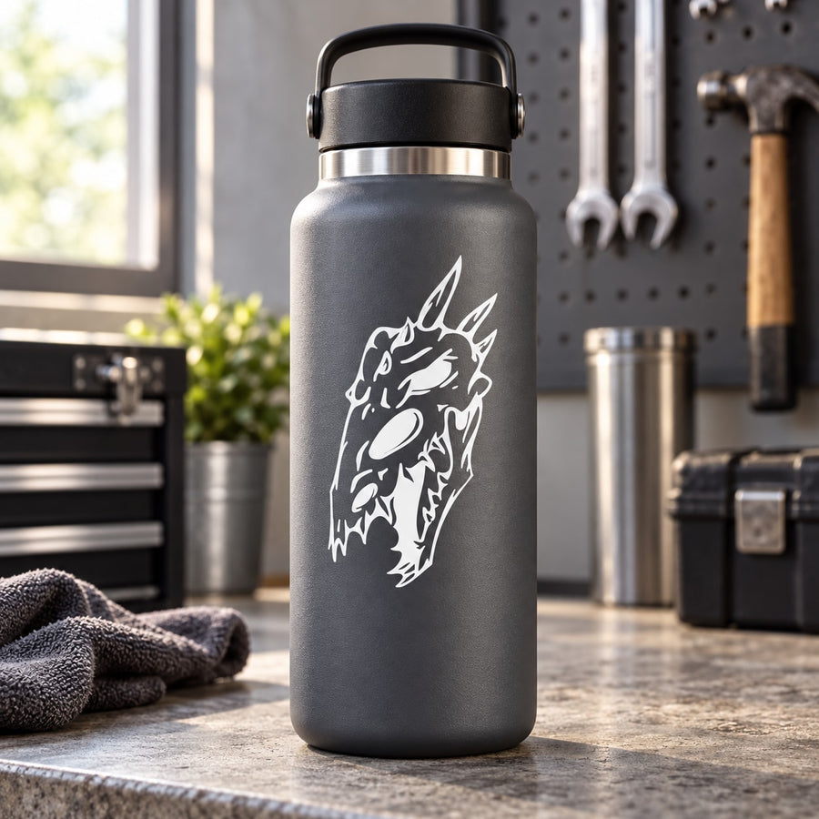 Skull face vinyl decal with sharp horned design in white on dark surface