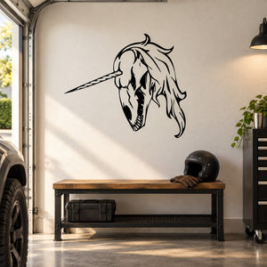 Skull wall vinyl decal with winged, flame-style design in black and white