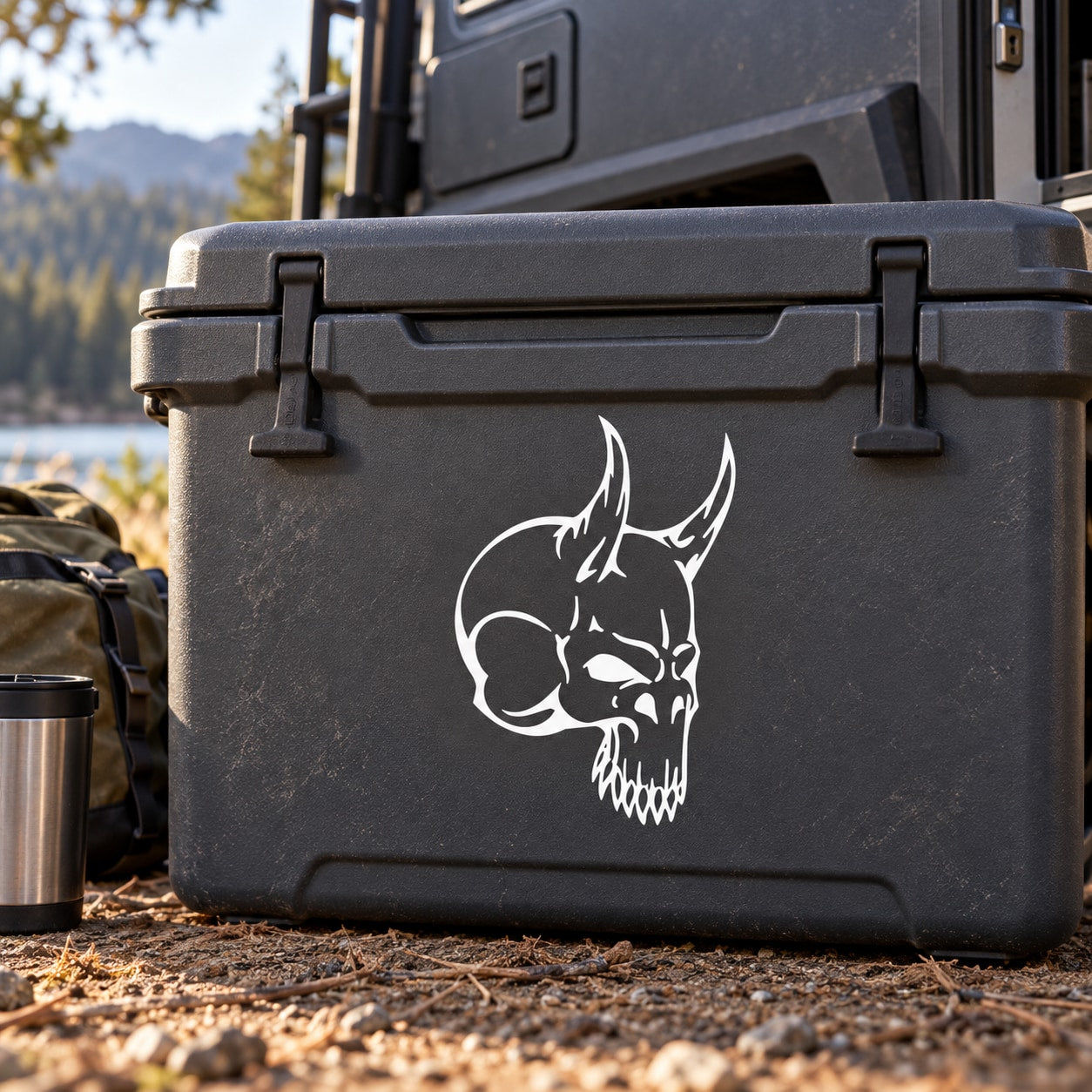 White skull graphic vinyl decal, centered on dark surface