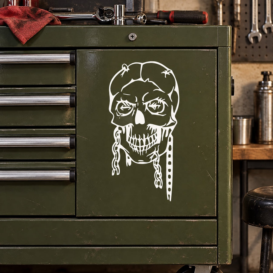 White skull vinyl wall decal with bow and draping chain details