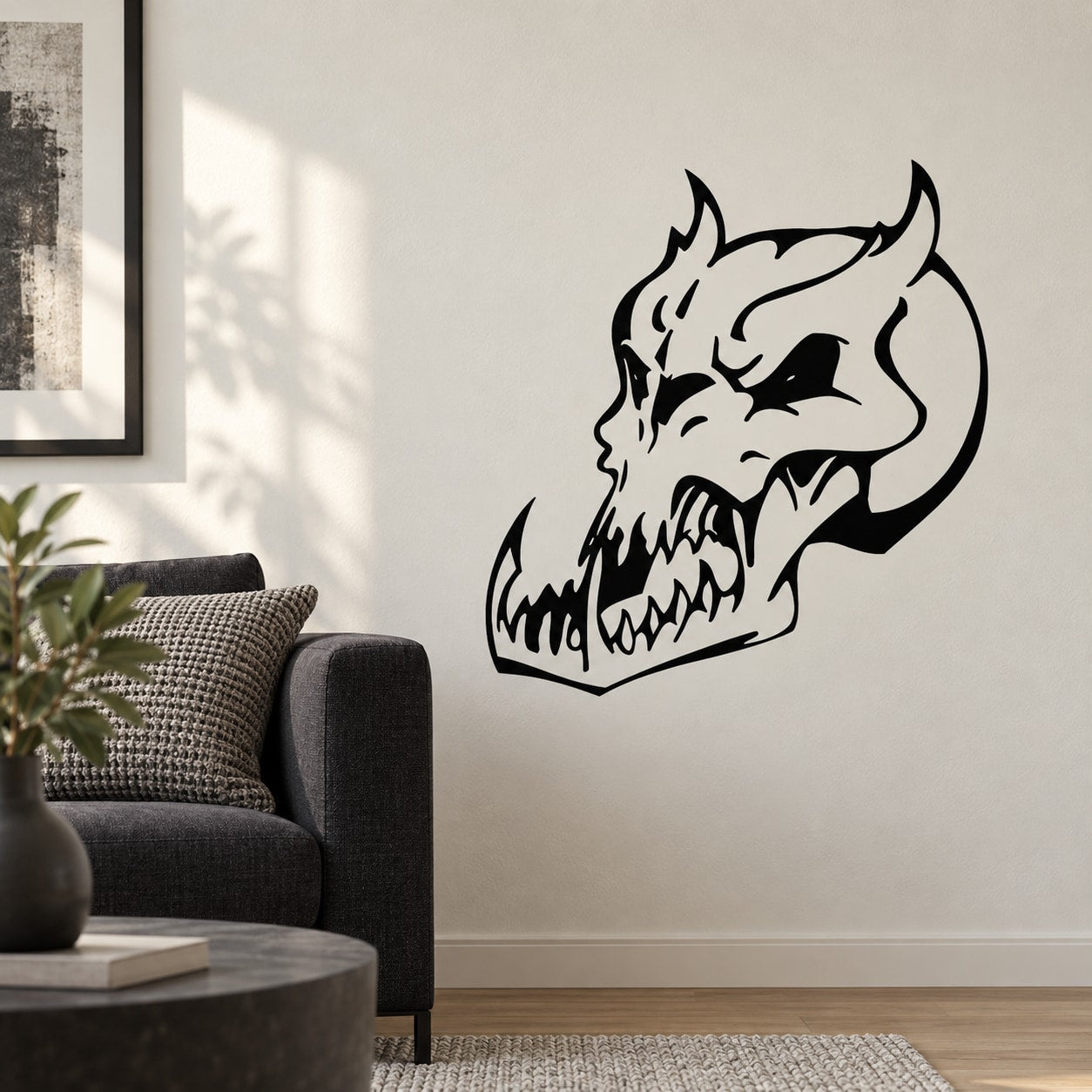 Black vinyl skull wall decal with horned head design