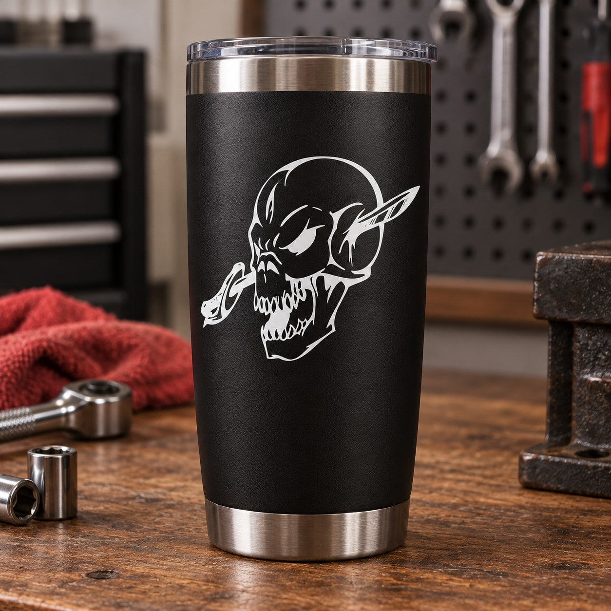 Black tumbler with white skull vinyl decal and silver metal rim