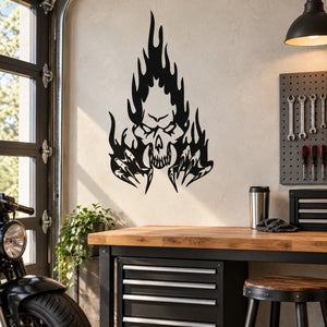 Black skull with flame wall vinyl decal