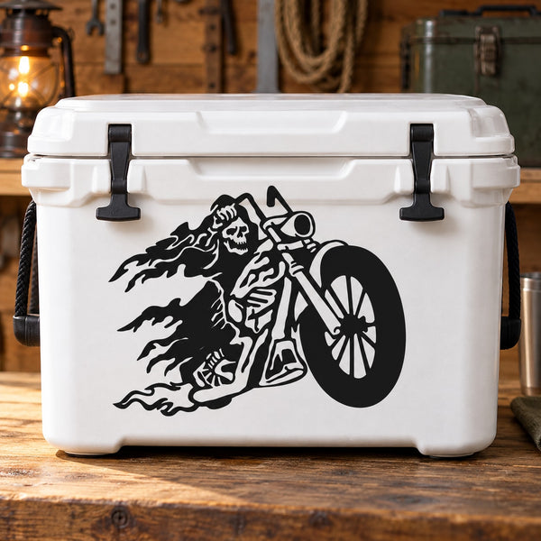 Vinyl wall decal with black reaper skull and scythe rider graphic