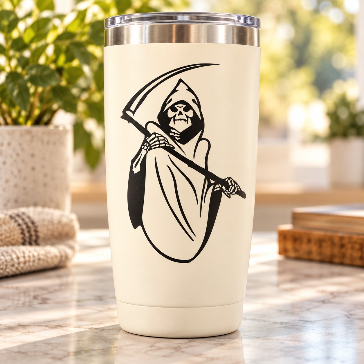 Grim reaper decal on a white tumbler, black hooded figure with scythe.