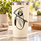 Grim reaper decal on a white tumbler, black hooded figure with scythe.