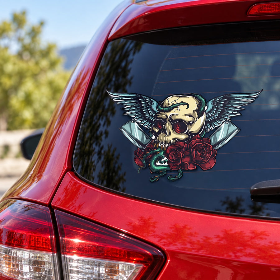 Winged skull and rose decal sticker on car window, blue wings, red roses