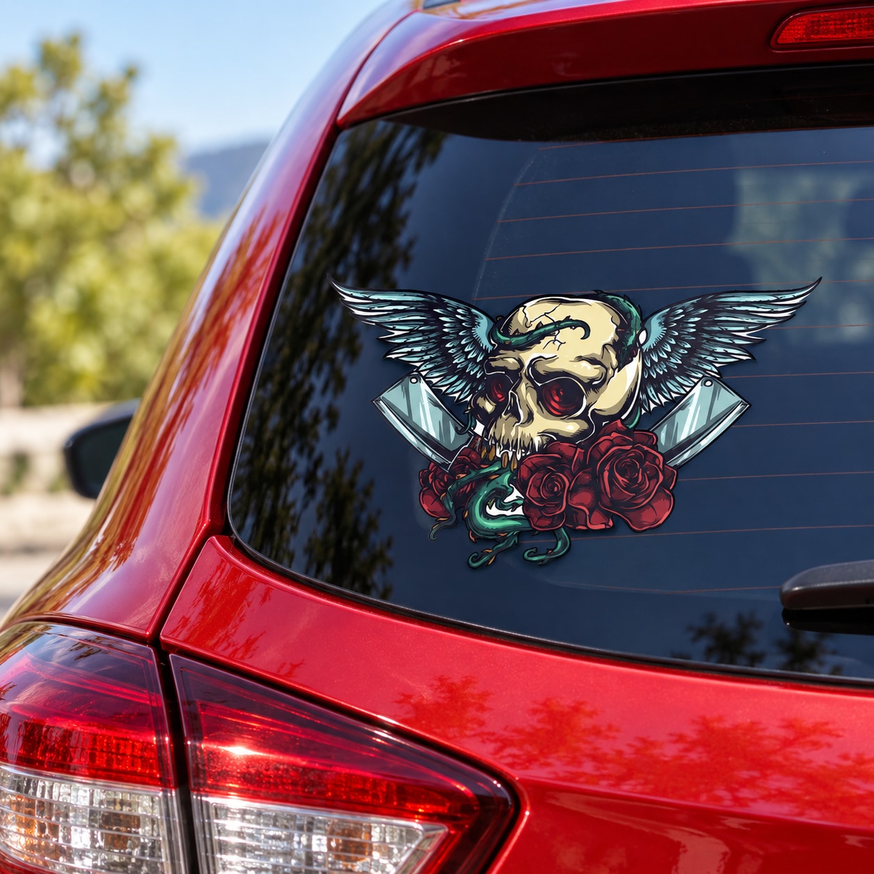 Winged skull and rose decal sticker on car window, blue wings, red roses