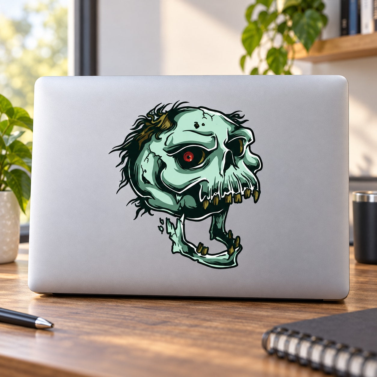 Undead skull sticker with green cartoon skull, red eye, and black outline