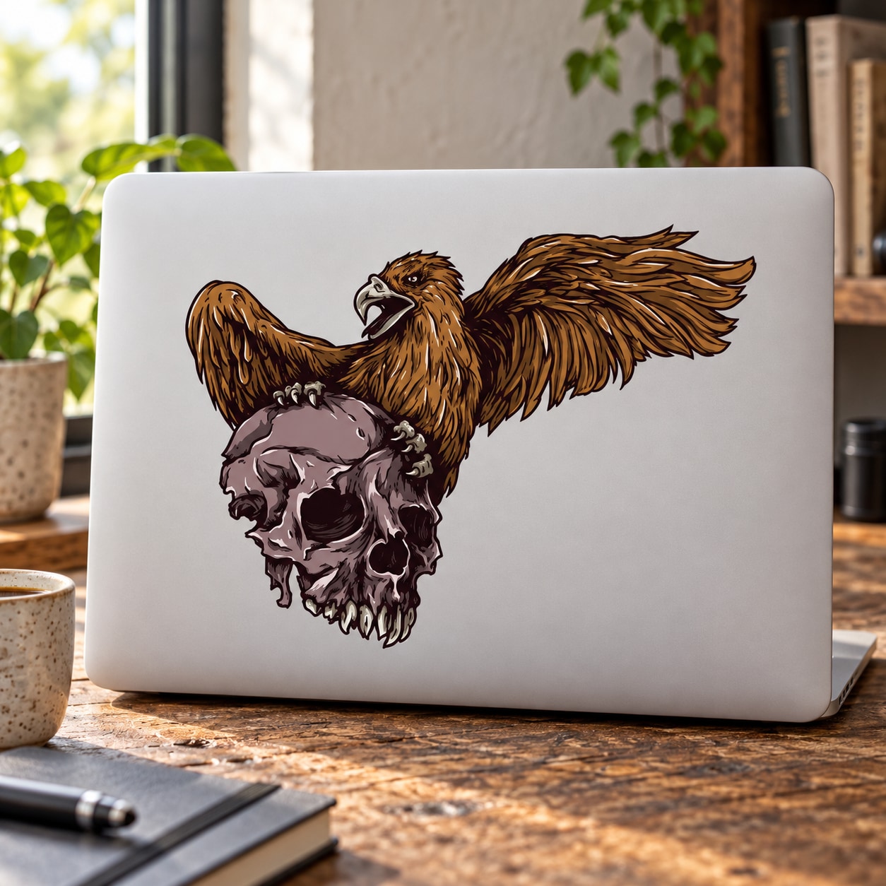 Skull with eagle sticker design on a light surface