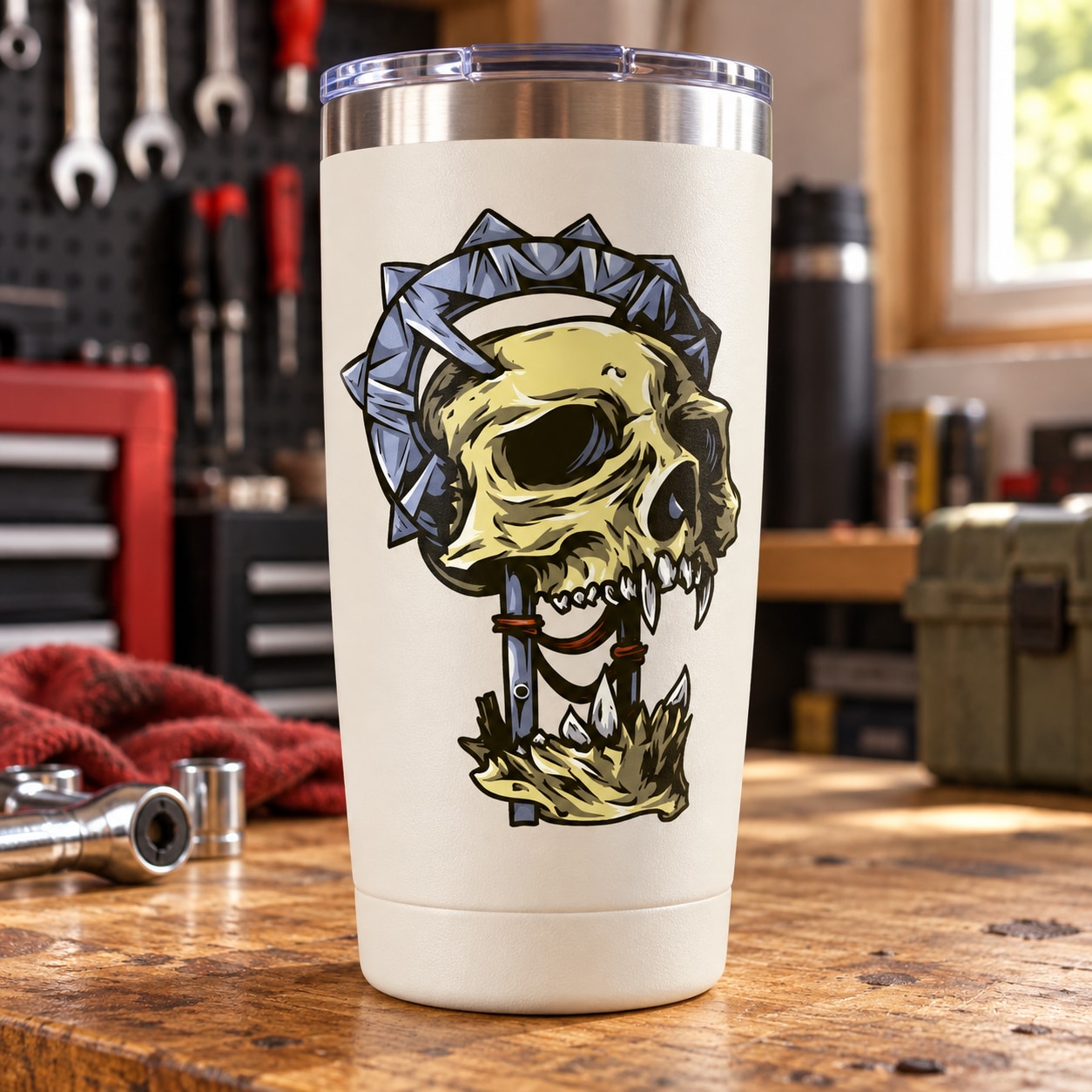 Skull totem sticker decal on white tumbler with gold and gray skull face