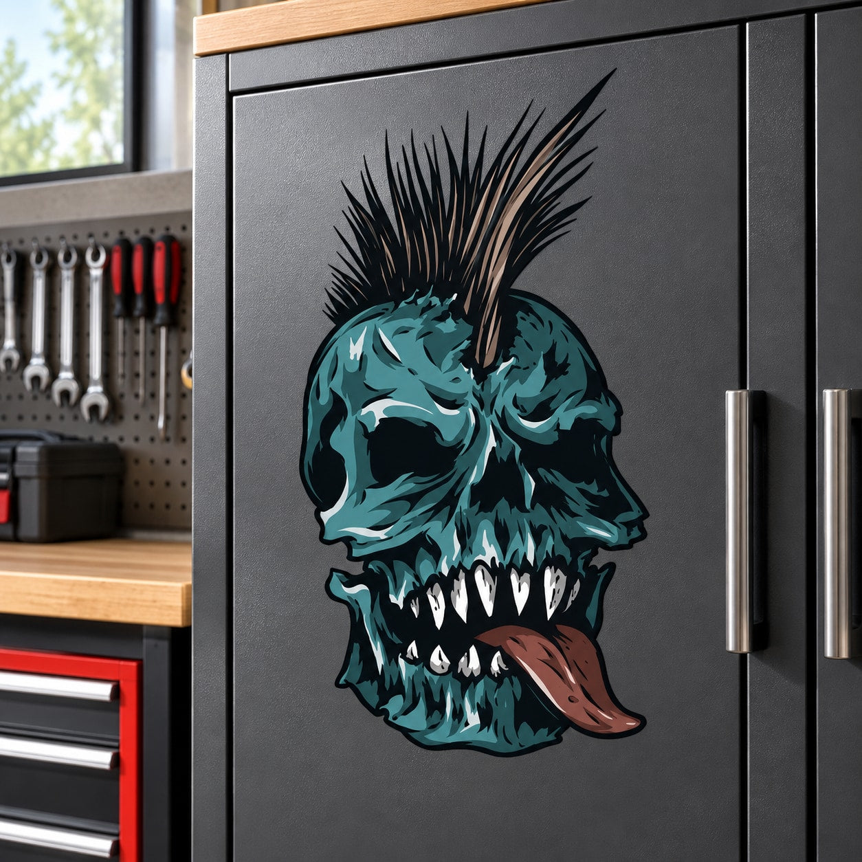 Skull sticker with teal mohawk, black spines, snarling teeth and brown tongue