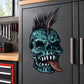 Skull sticker with teal mohawk, black spines, snarling teeth and brown tongue