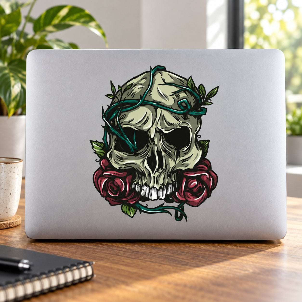 Skull sticker with roses and vines, pale skull with green leaves and red roses