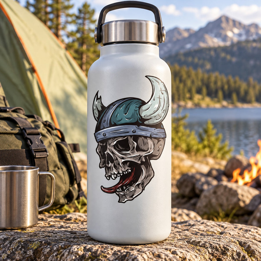 White water bottle with yelling skull sticker graphic