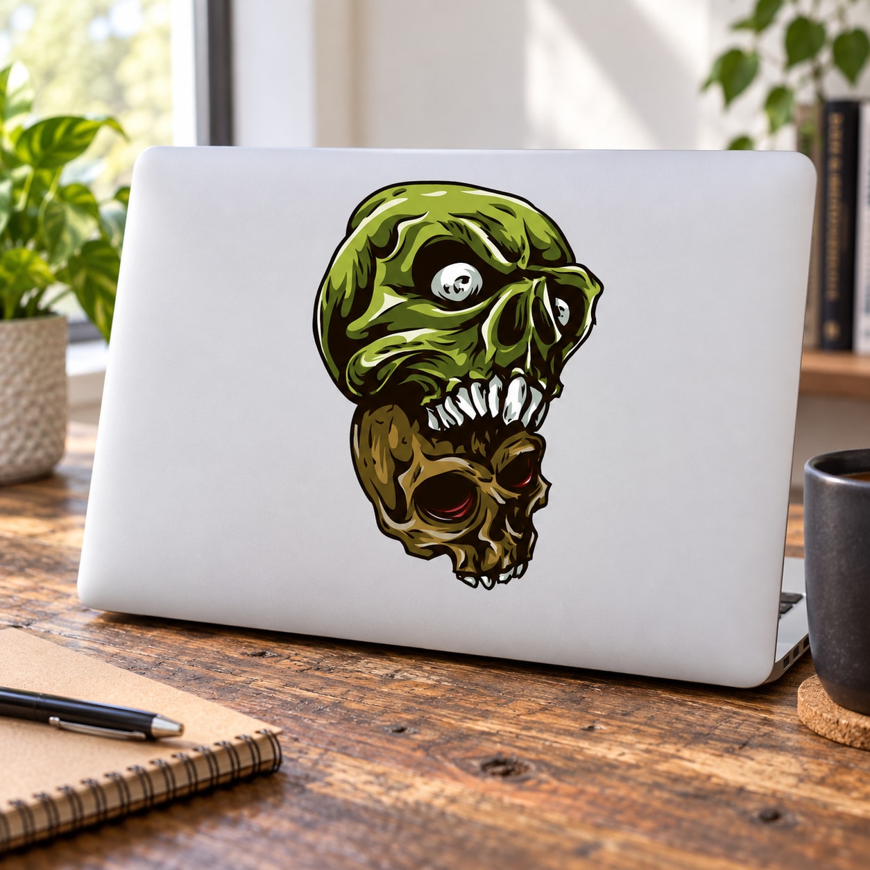 Stacked skull sticker, green and black skull graphic on white background