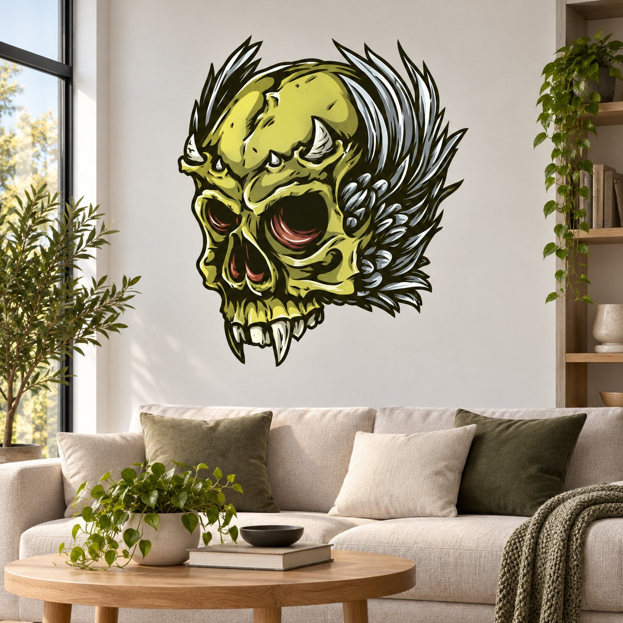 Winged skull sticker, yellow demon skull with feathered wings and grin