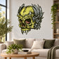Winged skull sticker, yellow demon skull with feathered wings and grin
