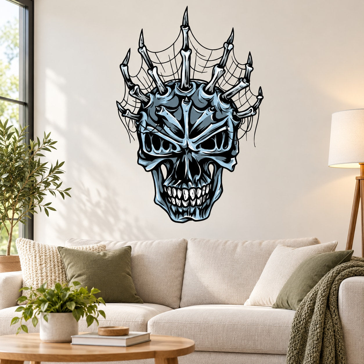 Spider web skull wall sticker with blue and black skull graphic, web-like lines