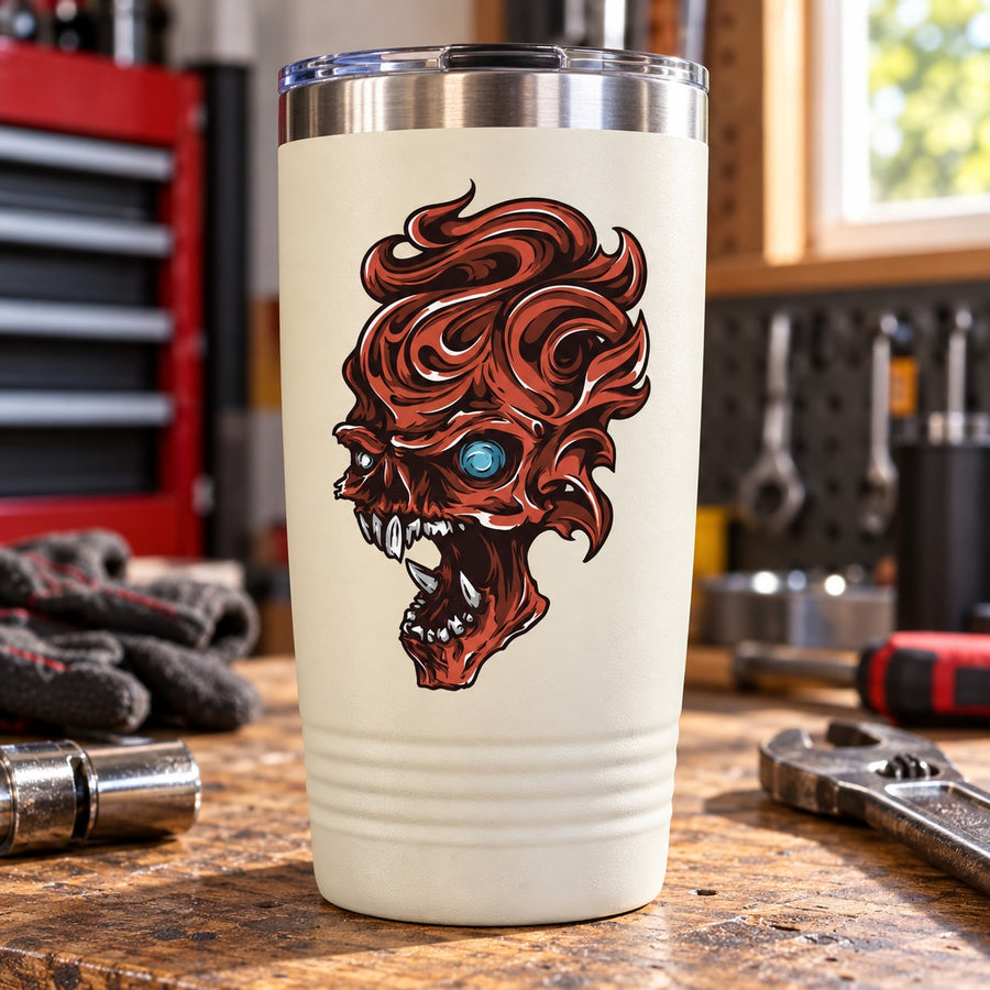 Wavy skull sticker with orange wavy skull profile and blue eye detail