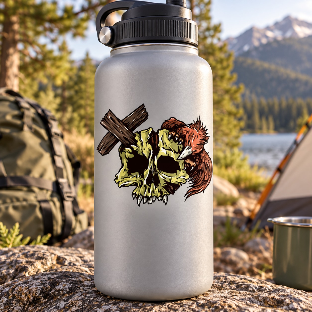 Metal water bottle with skull and eagle graphic sticker