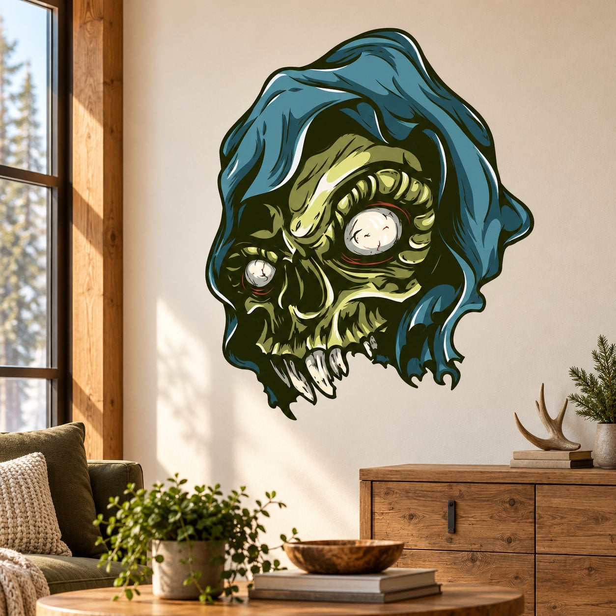 Hooded skull sticker with teal hood and green face, white eye, bold outline
