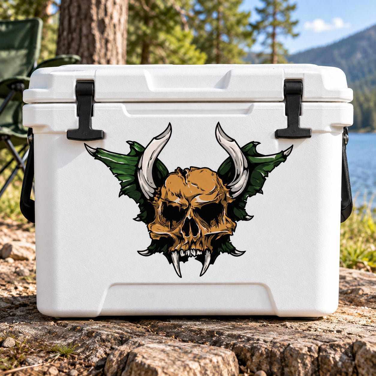 Horned skull with green wings sticker on a white surface