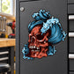 Skull sticker with blue wave hair and red-orange face graphic