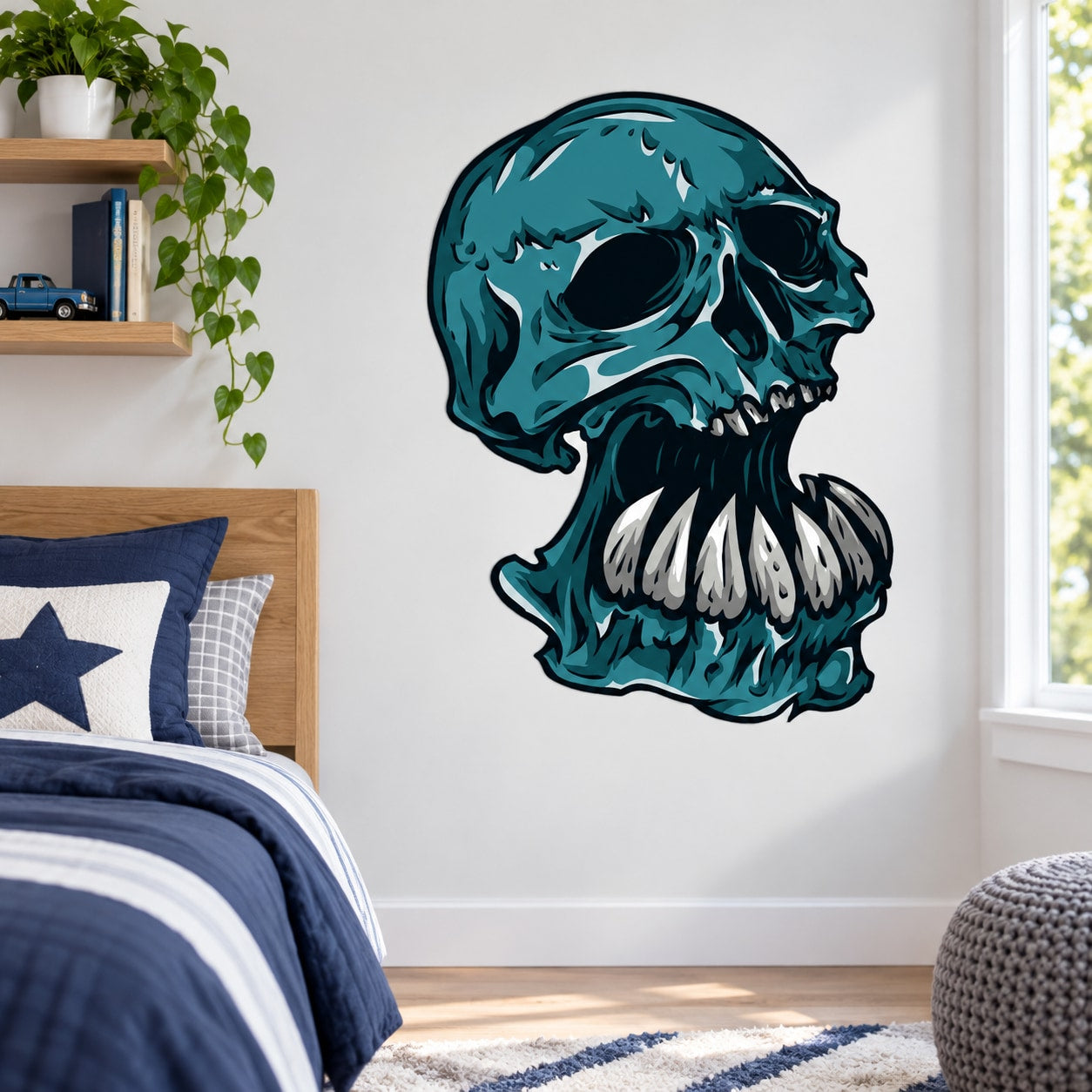 Teal underbite skull wall decal with dark outline and flame-style accents