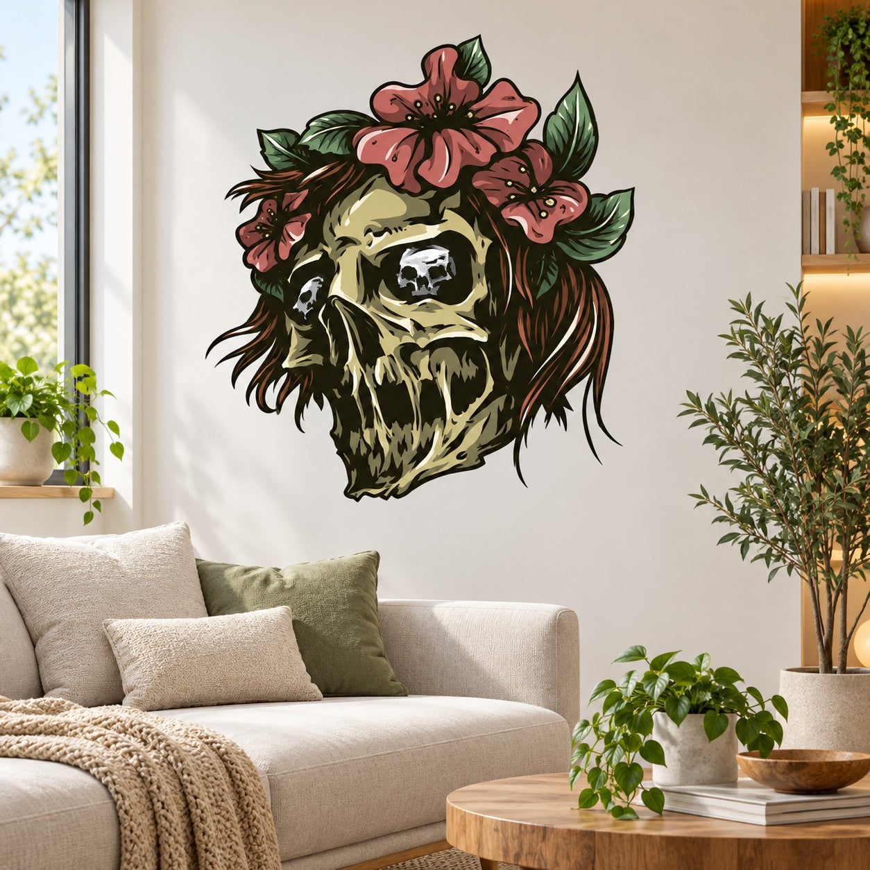 Flowered skull sticker with detailed skull face and pink blossoms